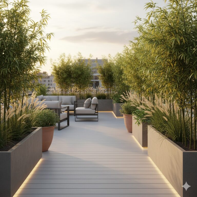 Taras kompozytowy, bambus w donicach, zielony parawan