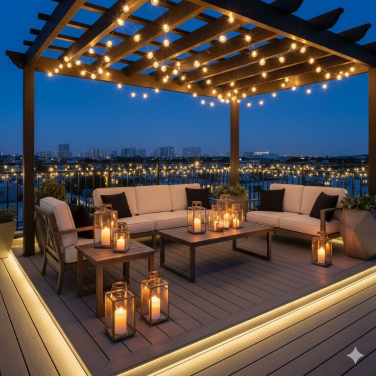 Ciepły kompozytowy taras, otulony wieczornym blaskiem